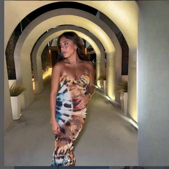 Zara Tulle Tie Dye Strapless Form Fitting Midi Maxi Dress Bloggers Fave, Size S - Picture 6 of 16